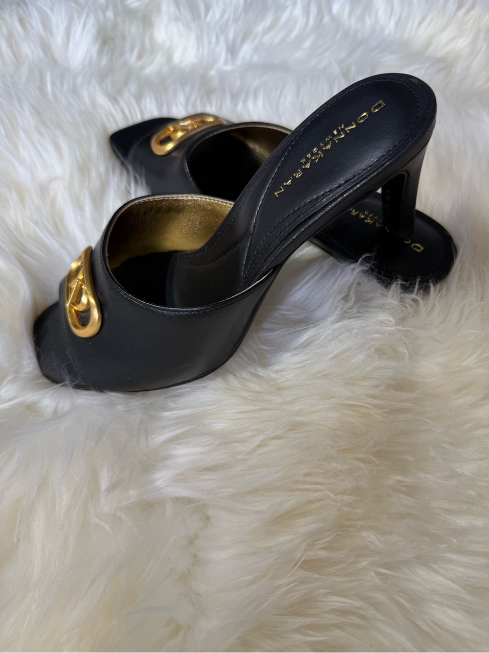 Donna Karan Black Leather Mules with Gold Accent